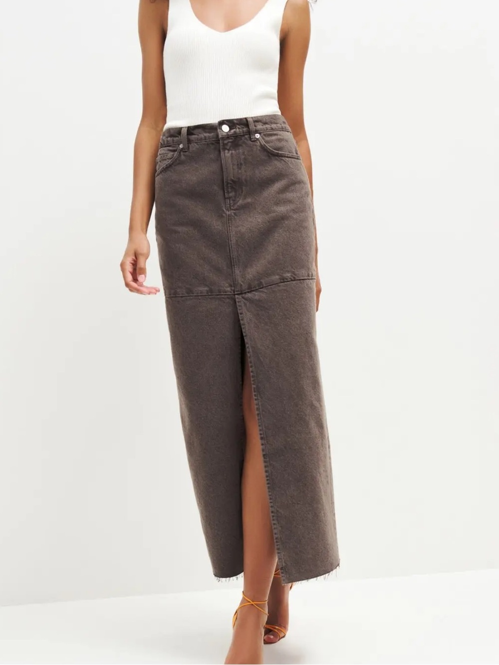 NWT Reformation Maxi Denim Skirt in Espresso Brown / Size 30